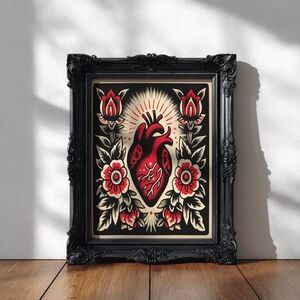 Anatomical Heart Floral Retro Vintage Tattoo Flash Art Print – Traditional Ink